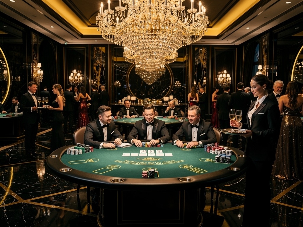 Premium casino night event — elegant gaming tables and guests in formal attire